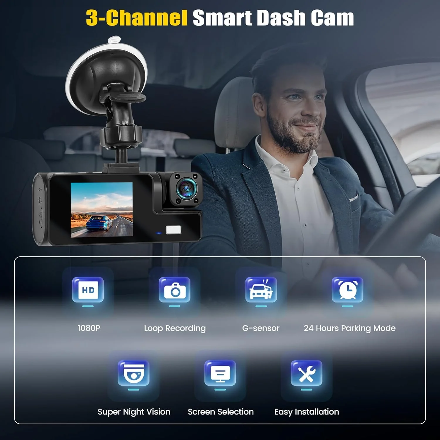 3 Channel Dash Cam Front and Rear Inside - Image 2