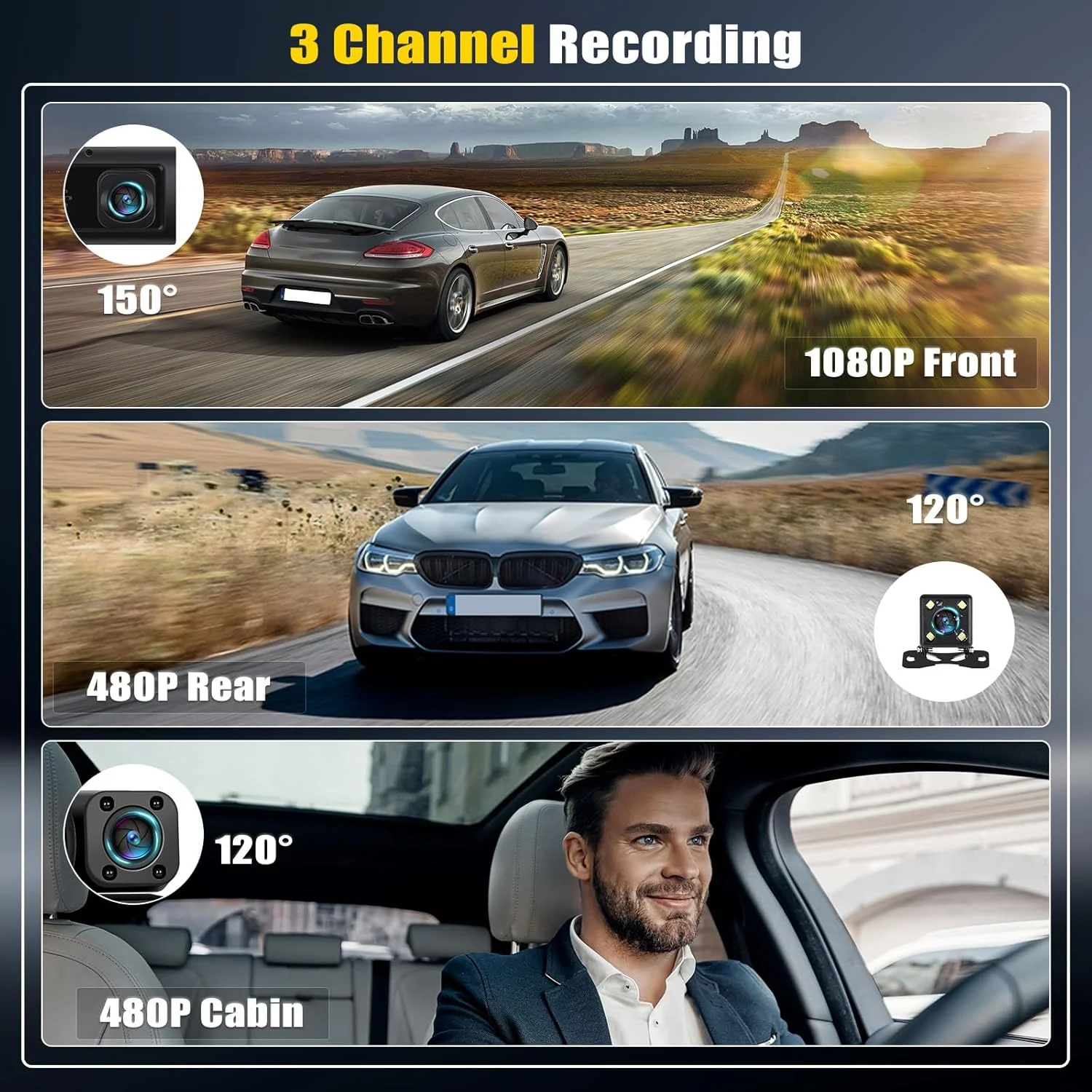 3 Channel Dash Cam Front and Rear Inside - Image 4