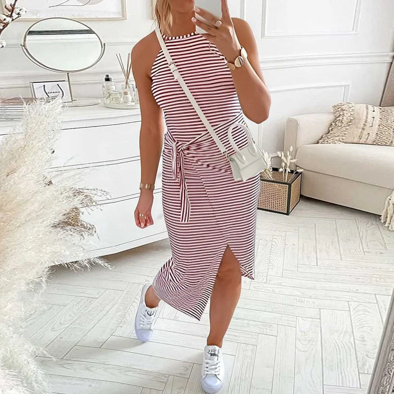 CASUAL SLEEVELESS STRIPED MIDI DRESSES - Image 8