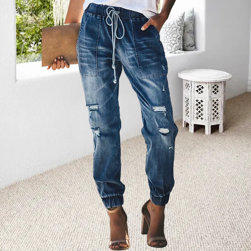 Comfortable Ripped Drawstring Jeans - Image 6
