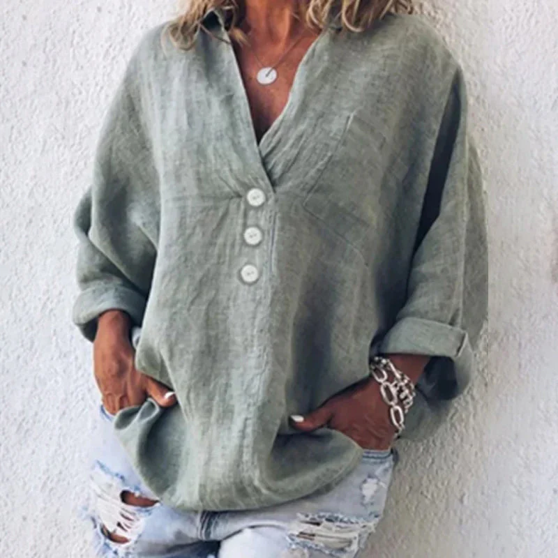 Cotton Linen Lapel Loose Shirt - Image 13