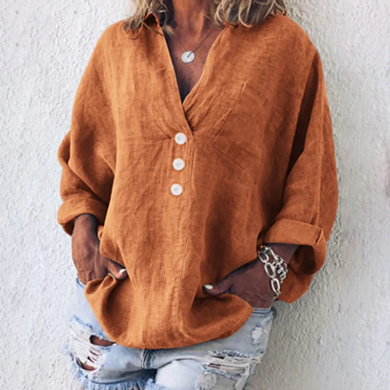 Cotton Linen Lapel Loose Shirt - Image 14