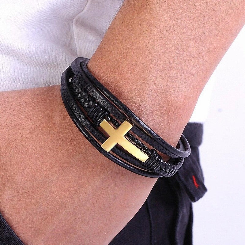 Cross Style Multi-Layer Leather Bracelet - Image 2