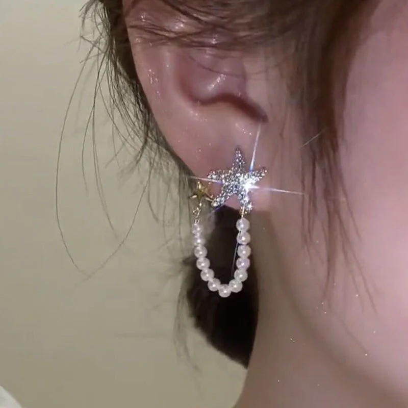 Diamond Starfish Pearl Earrings - Image 2