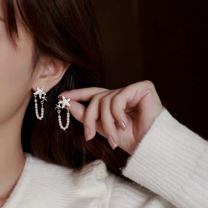 Diamond Starfish Pearl Earrings - Image 4