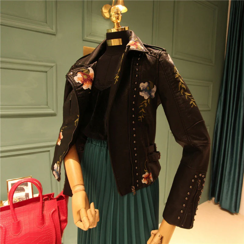 Fashion Floral  Leather Jacket - Image 2