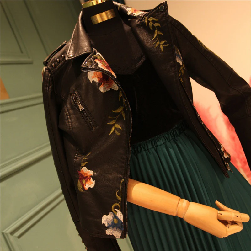 Fashion Floral  Leather Jacket - Image 3