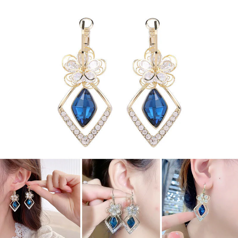Flower Zircon Rhombic Sapphire Drop Earrings - Image 10