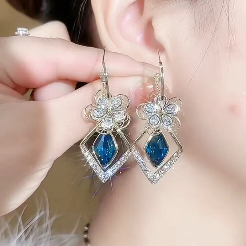 Flower Zircon Rhombic Sapphire Drop Earrings - Image 11
