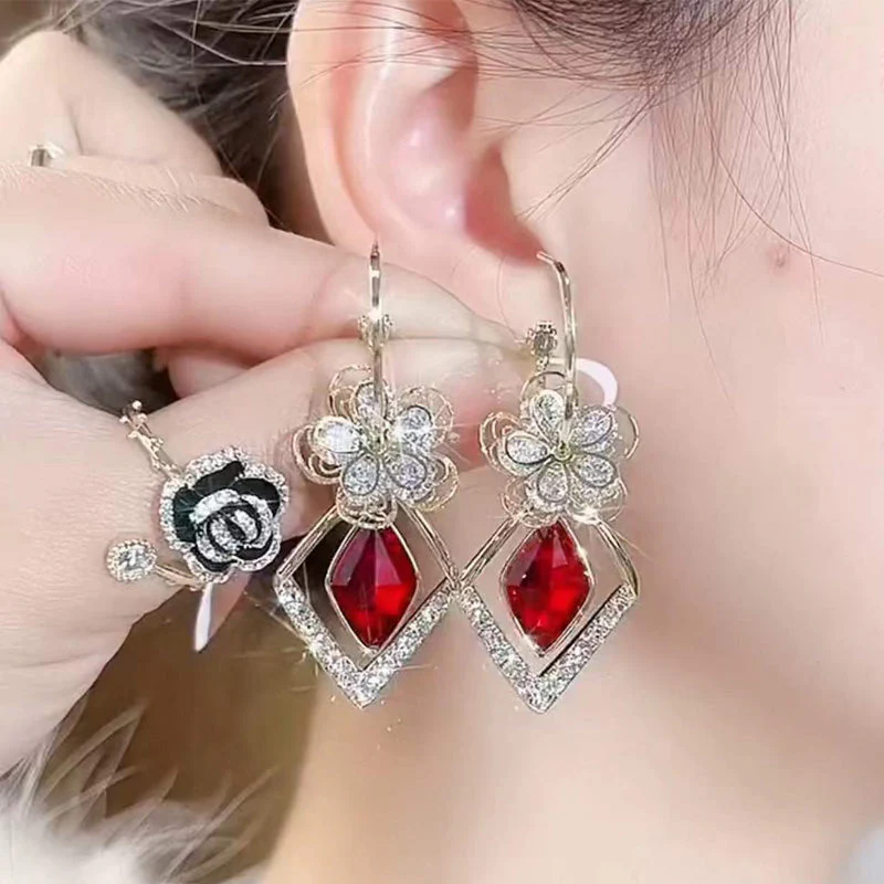 Flower Zircon Rhombic Sapphire Drop Earrings - Image 12