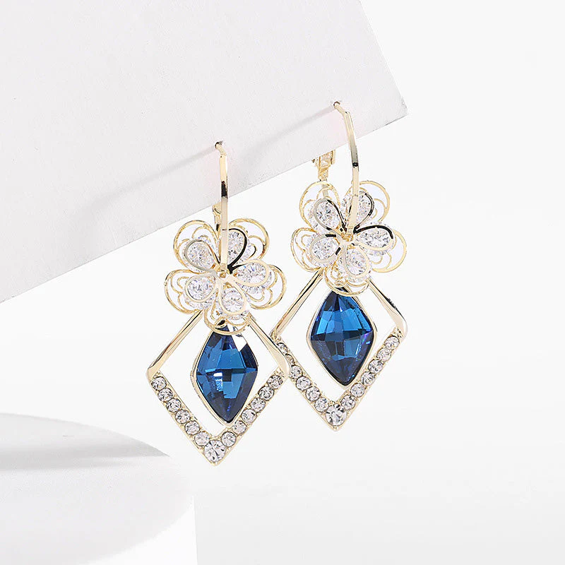 Flower Zircon Rhombic Sapphire Drop Earrings - Image 2