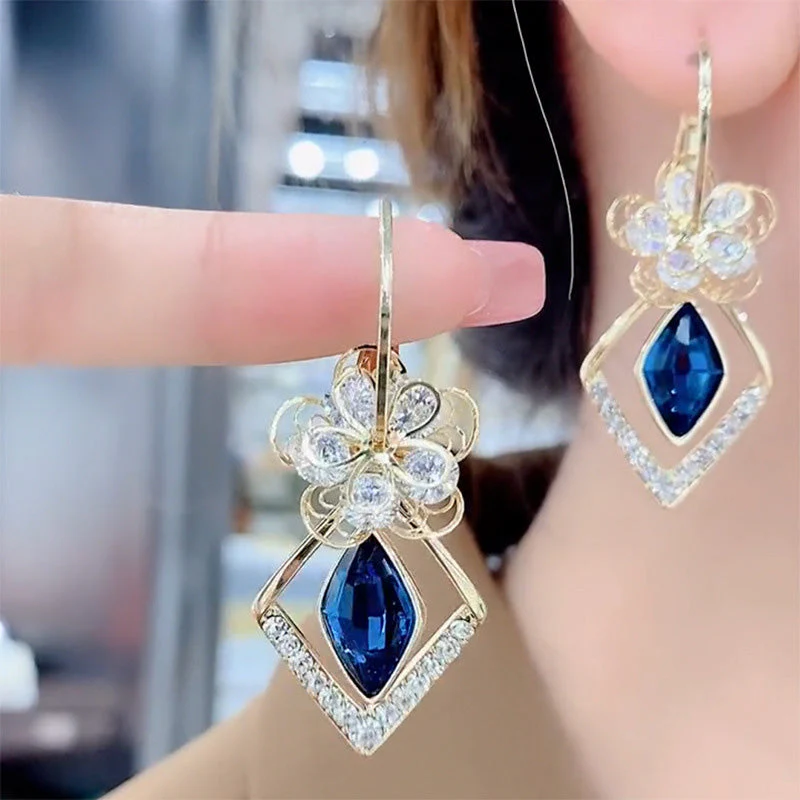 Flower Zircon Rhombic Sapphire Drop Earrings - Image 3