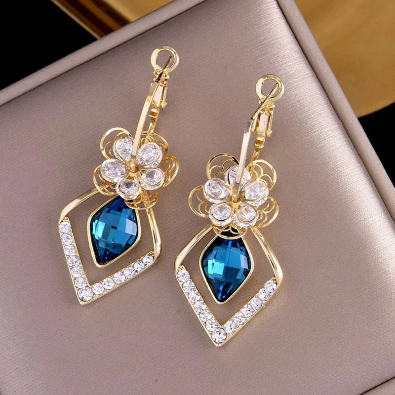 Flower Zircon Rhombic Sapphire Drop Earrings - Image 4