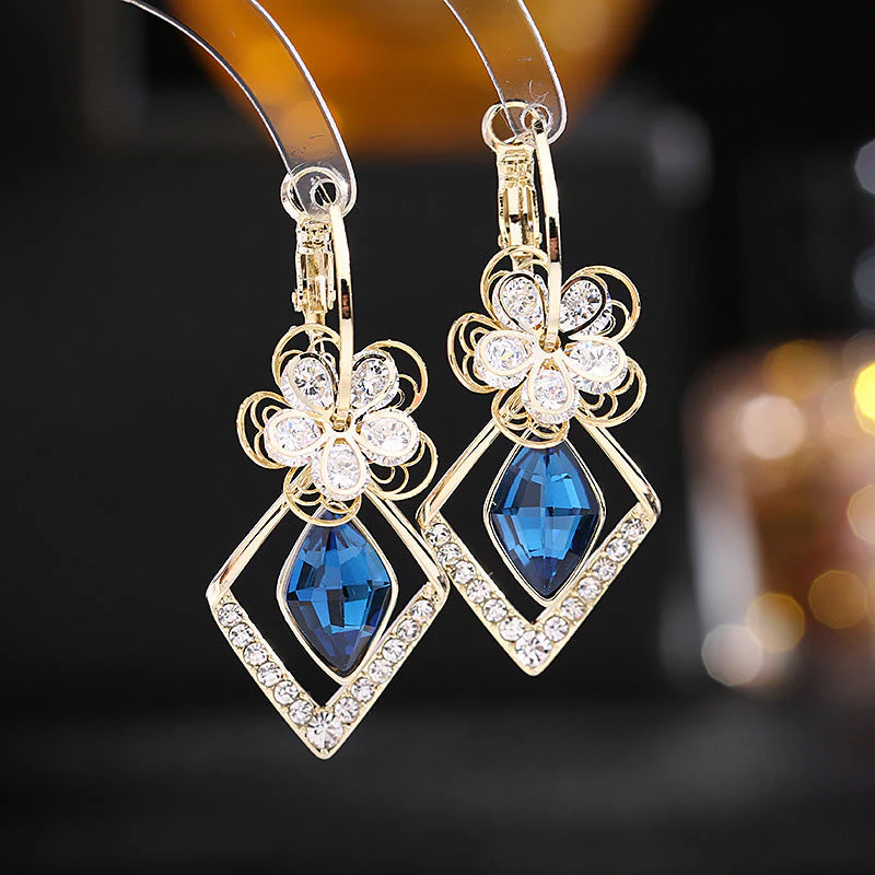 Flower Zircon Rhombic Sapphire Drop Earrings - Image 5