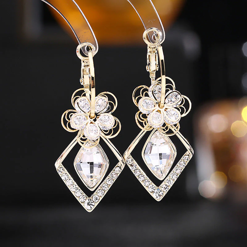 Flower Zircon Rhombic Sapphire Drop Earrings - Image 6