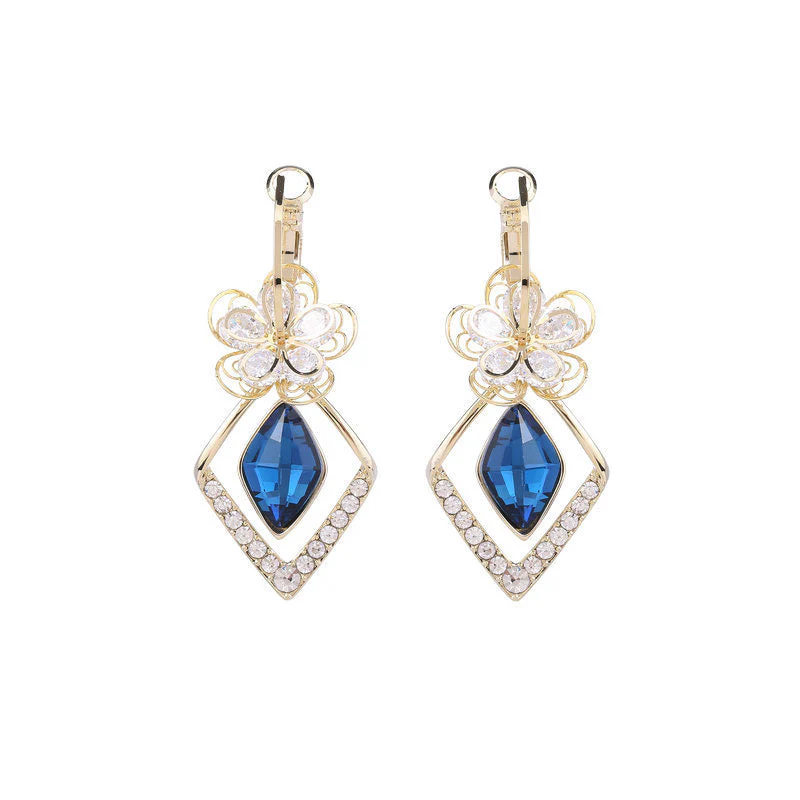 Flower Zircon Rhombic Sapphire Drop Earrings - Image 8