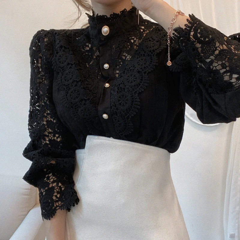Hollow-Designed Floral High-Neck Blouse - Image 10