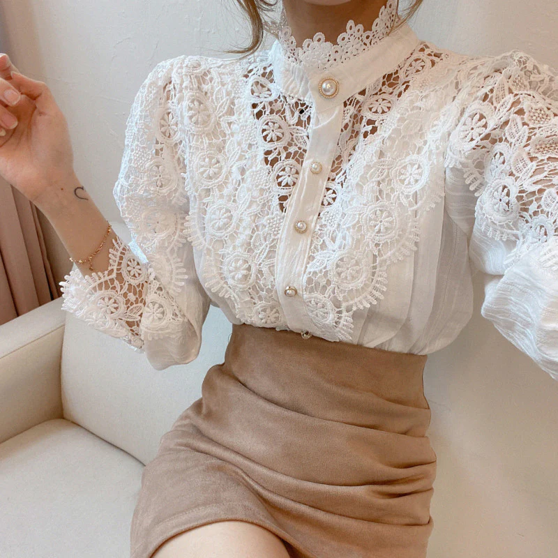 Hollow-Designed Floral High-Neck Blouse - Image 2