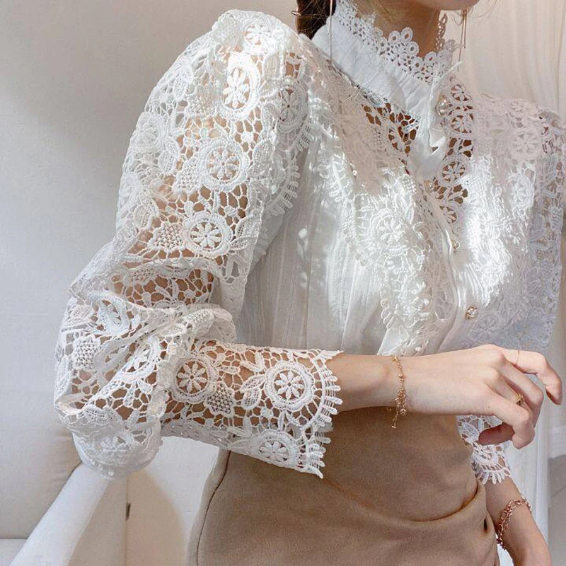 Hollow-Designed Floral High-Neck Blouse - Image 3