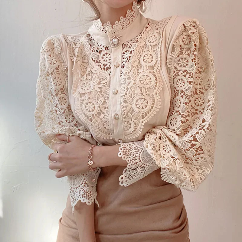 Hollow-Designed Floral High-Neck Blouse - Image 5
