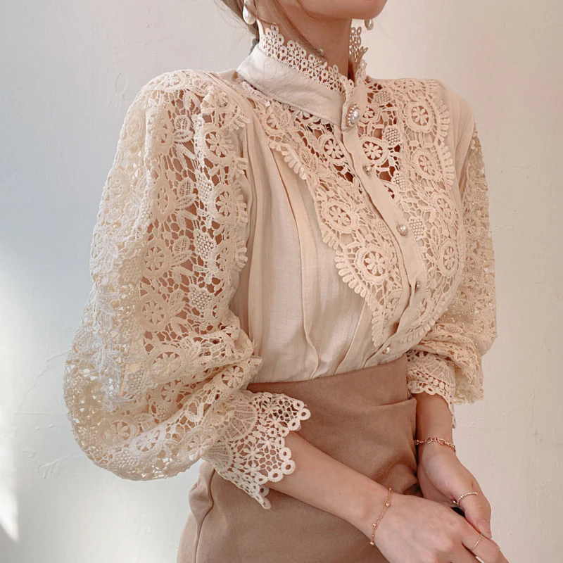 Hollow-Designed Floral High-Neck Blouse - Image 7