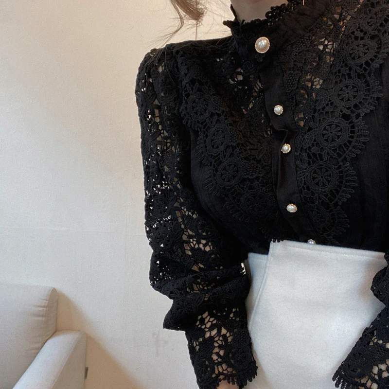 Hollow-Designed Floral High-Neck Blouse - Image 9