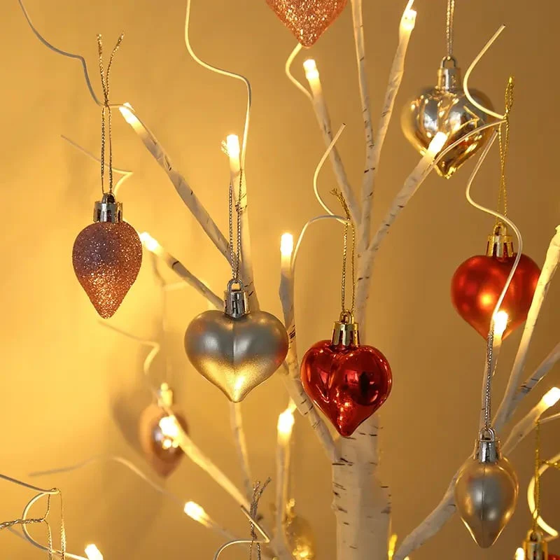 LED Tabletop Birch Tree with 18 Heart Ornaments - Image 2