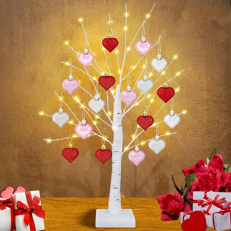 LED Tabletop Birch Tree with 18 Heart Ornaments - Image 9