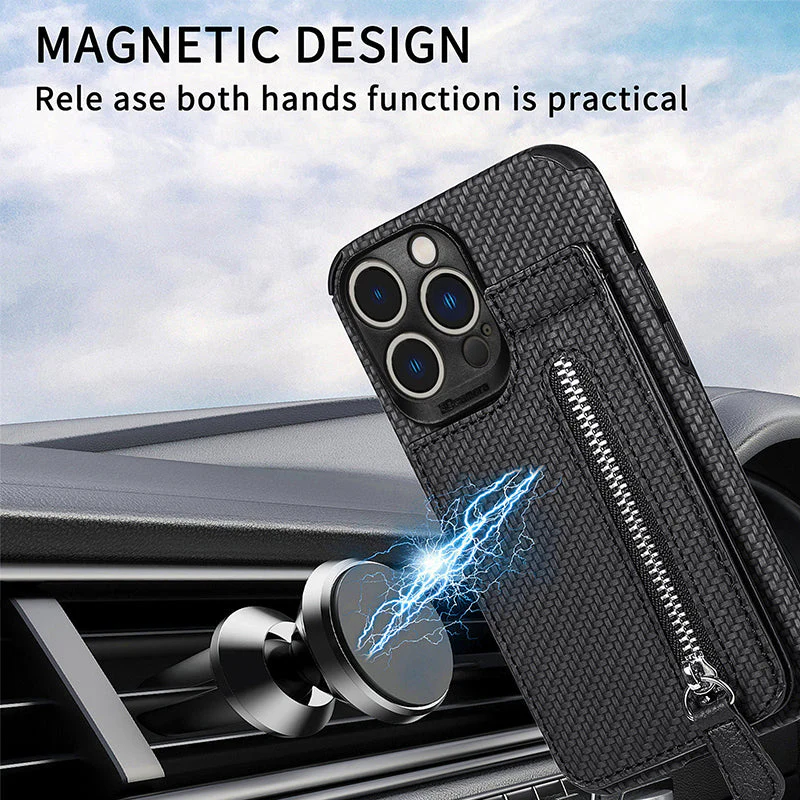 Magnetic Zipper Wallet Cover With Credit Card Holder for iPhone - Image 5