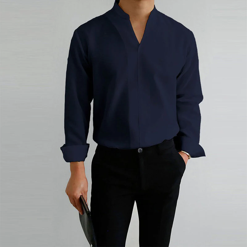 Men's Casual Solid Color V-Neck Long Sleeve Shirt - Image 10