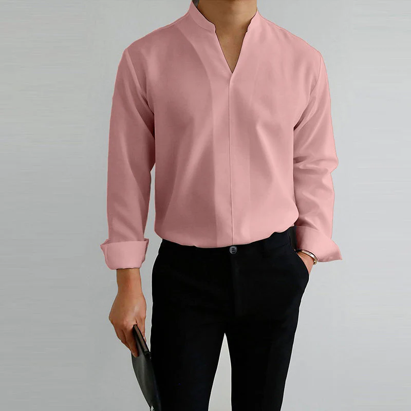 Men's Casual Solid Color V-Neck Long Sleeve Shirt - Image 12