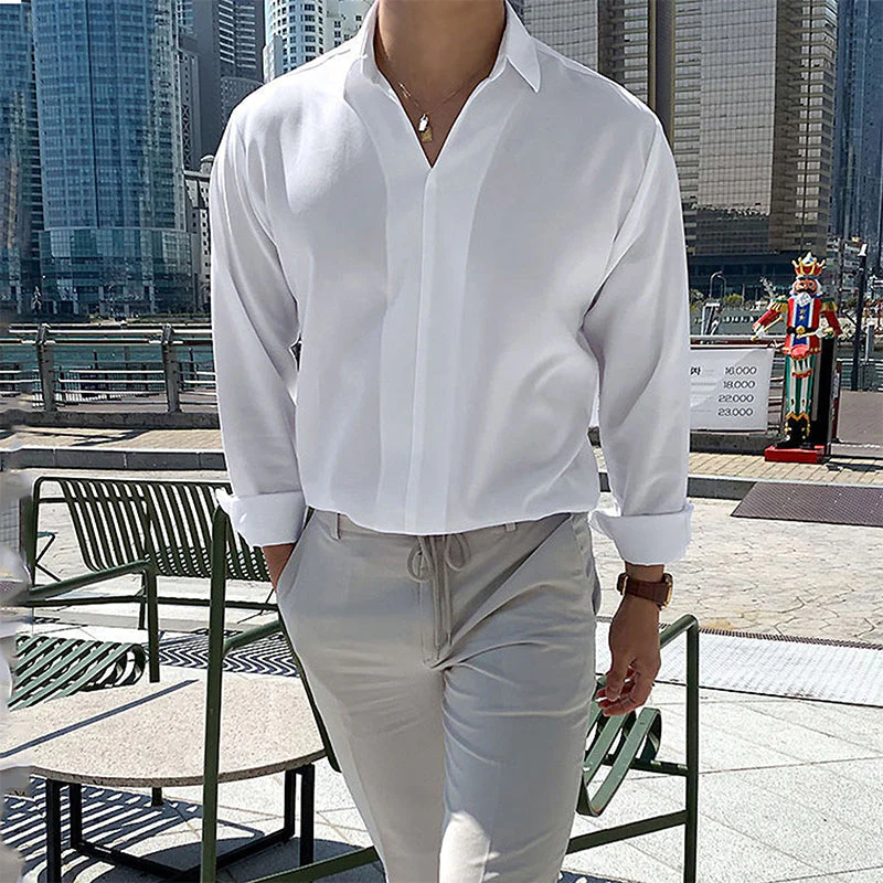Men's Casual Solid Color V-Neck Long Sleeve Shirt - Image 2