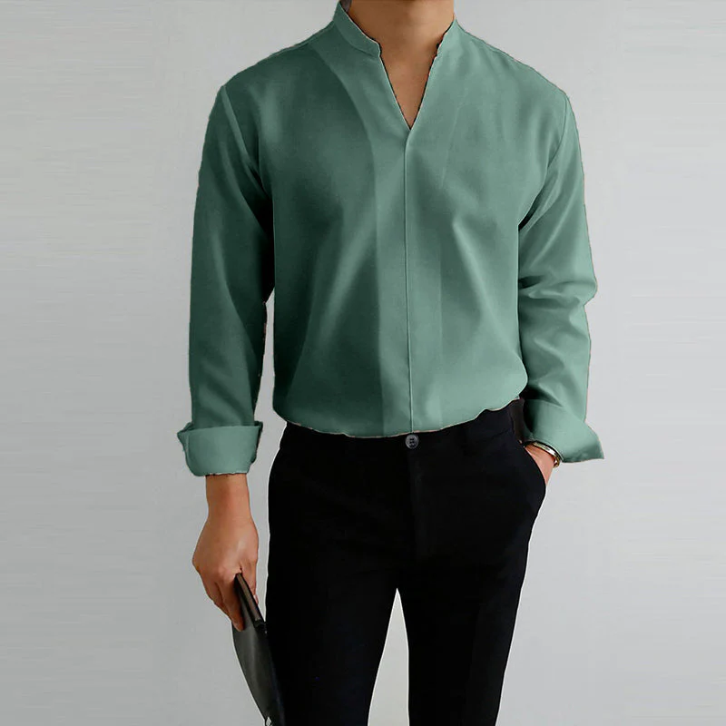 Men's Casual Solid Color V-Neck Long Sleeve Shirt - Image 3