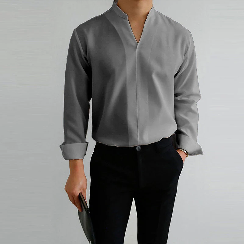 Men's Casual Solid Color V-Neck Long Sleeve Shirt - Image 4