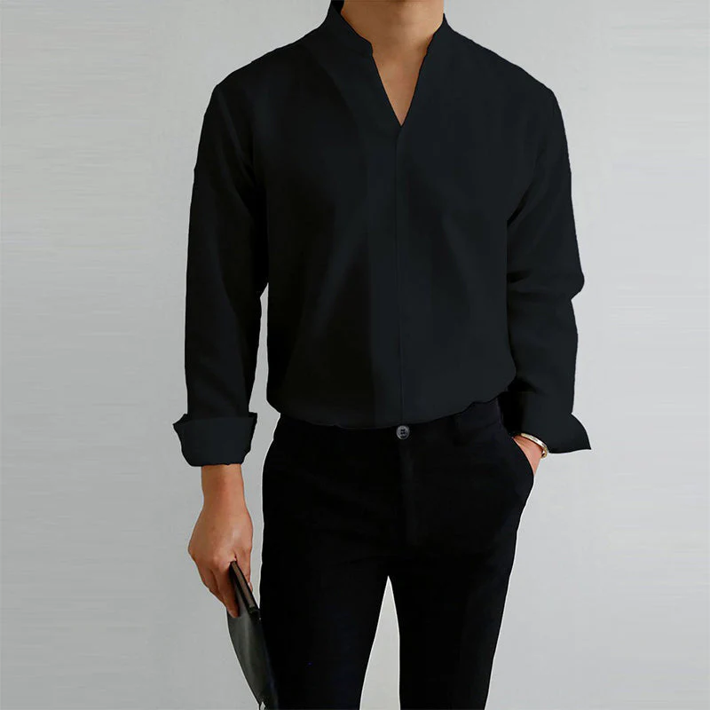 Men's Casual Solid Color V-Neck Long Sleeve Shirt - Image 5
