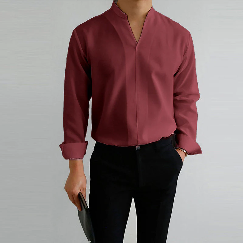 Men's Casual Solid Color V-Neck Long Sleeve Shirt - Image 6