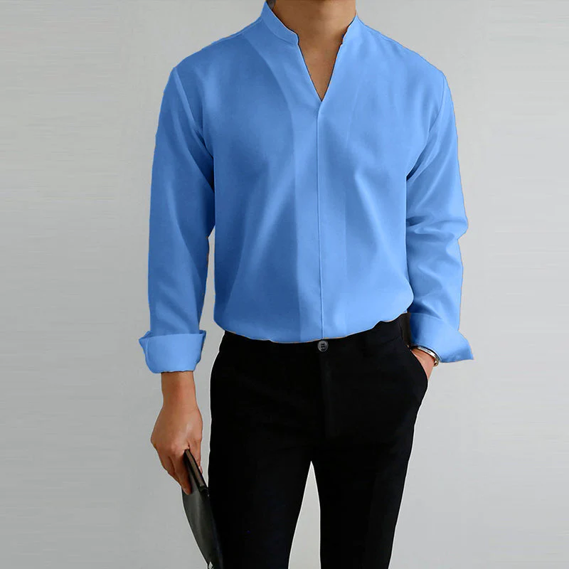 Men's Casual Solid Color V-Neck Long Sleeve Shirt - Image 8