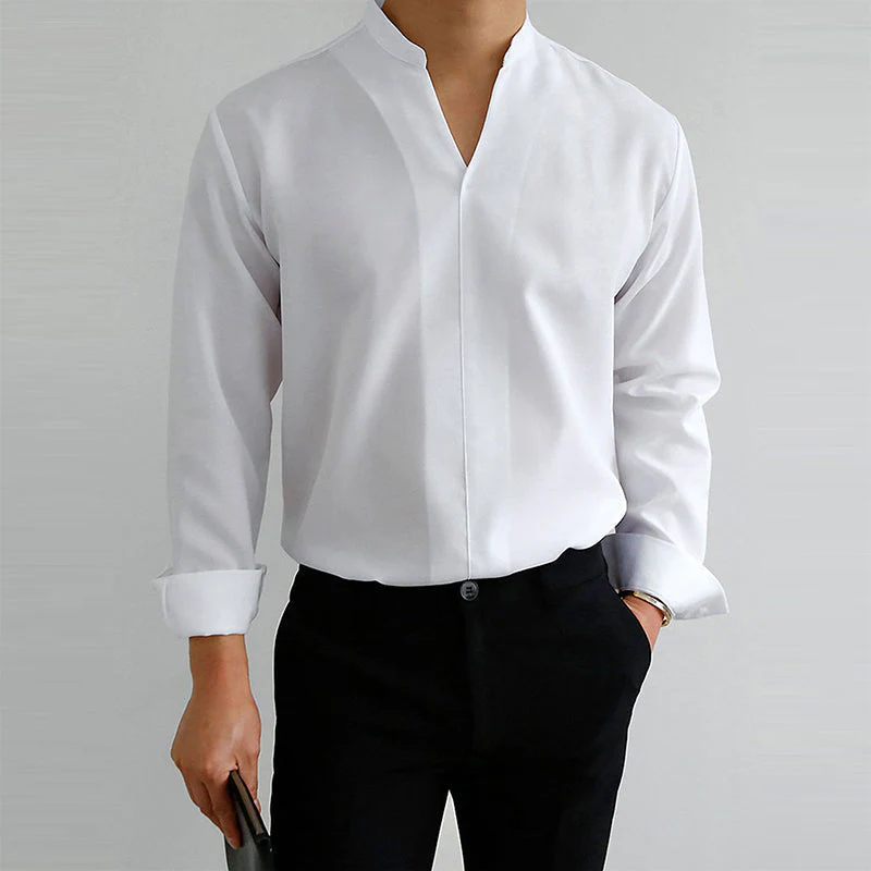 Men's Casual Solid Color V-Neck Long Sleeve Shirt - Image 9