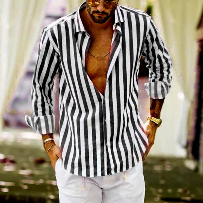 Men's Cotton Linen Striped Button Down Long Sleeve - Image 15