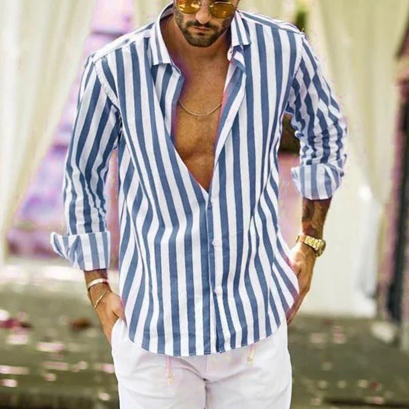 Men's Cotton Linen Striped Button Down Long Sleeve - Image 16