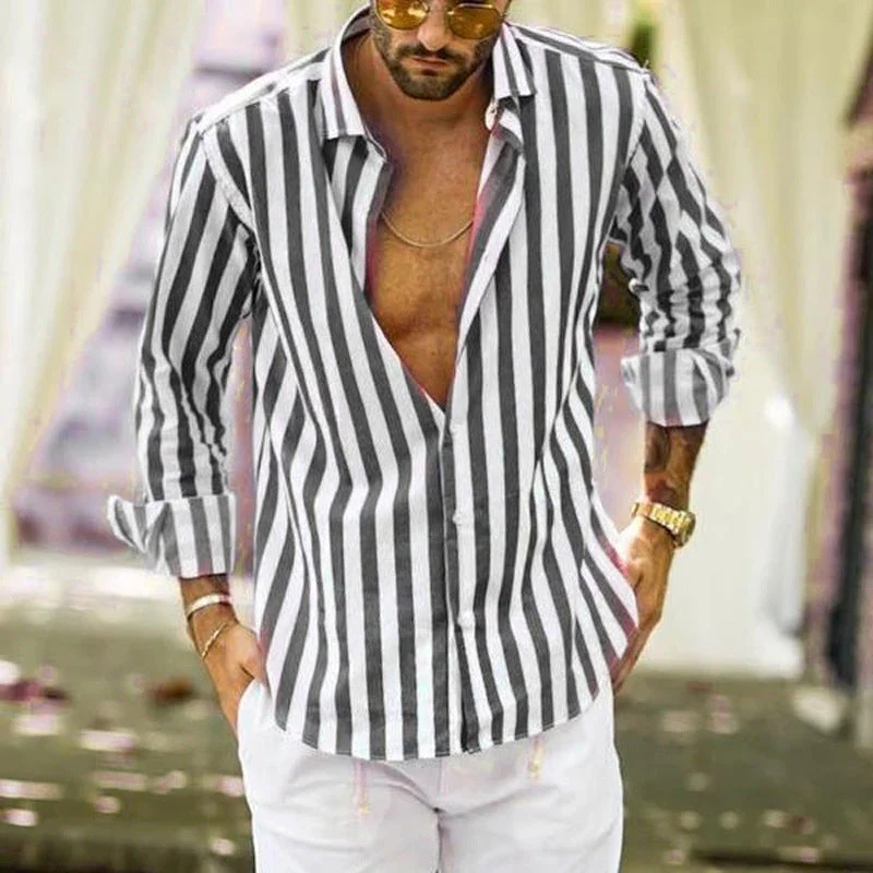 Men's Cotton Linen Striped Button Down Long Sleeve - Image 3