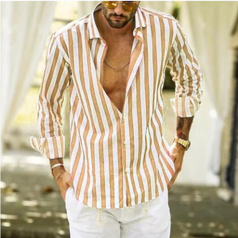 Men's Cotton Linen Striped Button Down Long Sleeve - Image 4