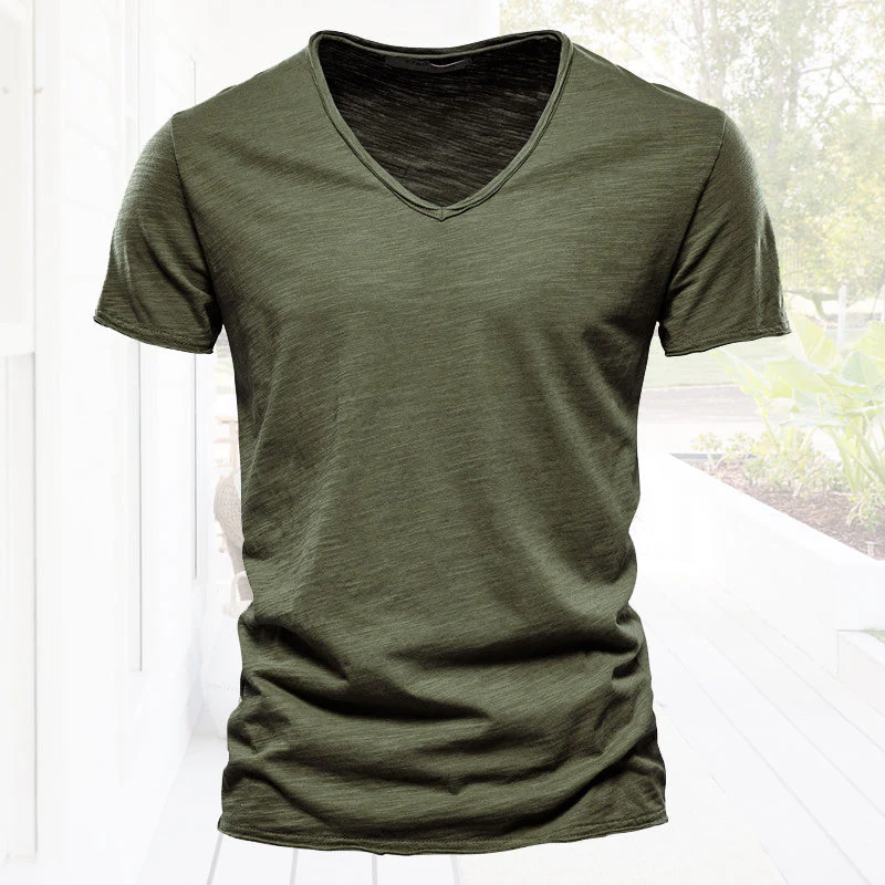 Plain Slub cotton V-neck T-shirt - Image 11