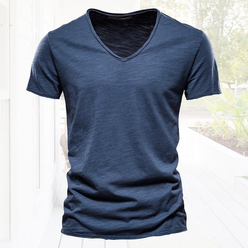 Plain Slub cotton V-neck T-shirt - Image 13