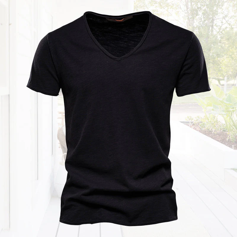 Plain Slub cotton V-neck T-shirt - Image 14