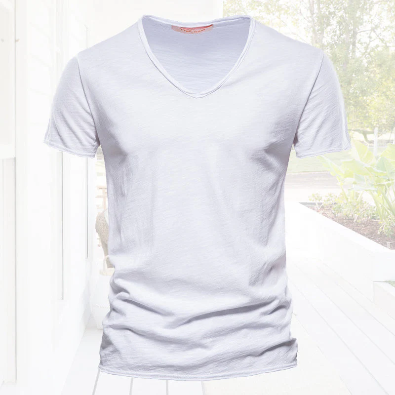 Plain Slub cotton V-neck T-shirt - Image 9