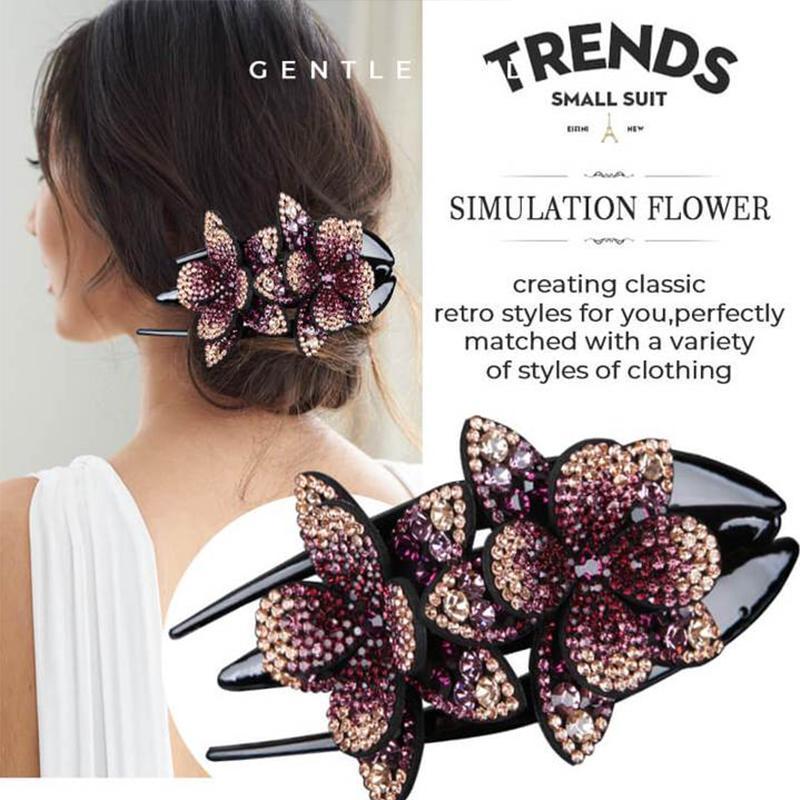 Rhinestone Double Flower Hair Clip - Image 5