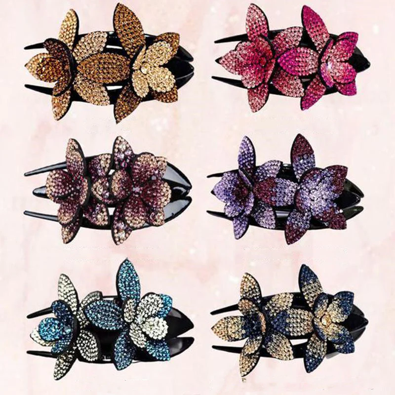 Rhinestone Double Flower Hair Clip - Image 6