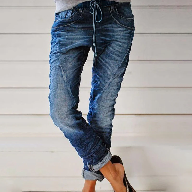 Ripped Drawstring Elasticated Waist Washed Jeans - Image 2