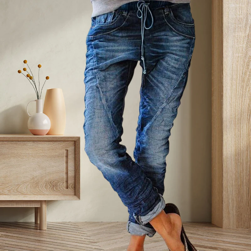 Ripped Drawstring Elasticated Waist Washed Jeans - Image 5